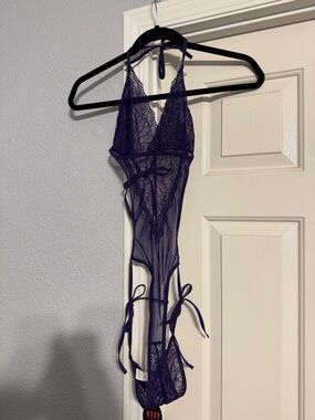 Sheer Lace Halter Teddy Chemise in Deep Purple